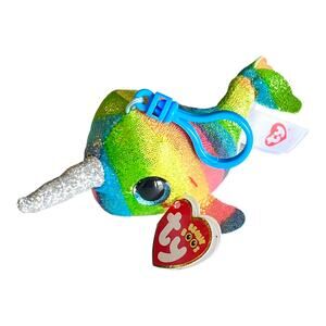 Ty Beanie Boos NORI Narwhal PLUSH KEY CLIP 5.5" Rainbow Glitter Backpack Purse